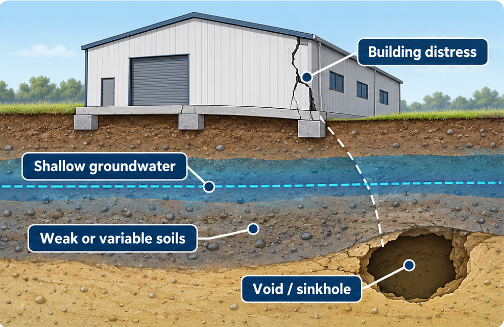 Cross-section: building distress above shallow groundwater, weak or variable soils, and a void / sinkhole