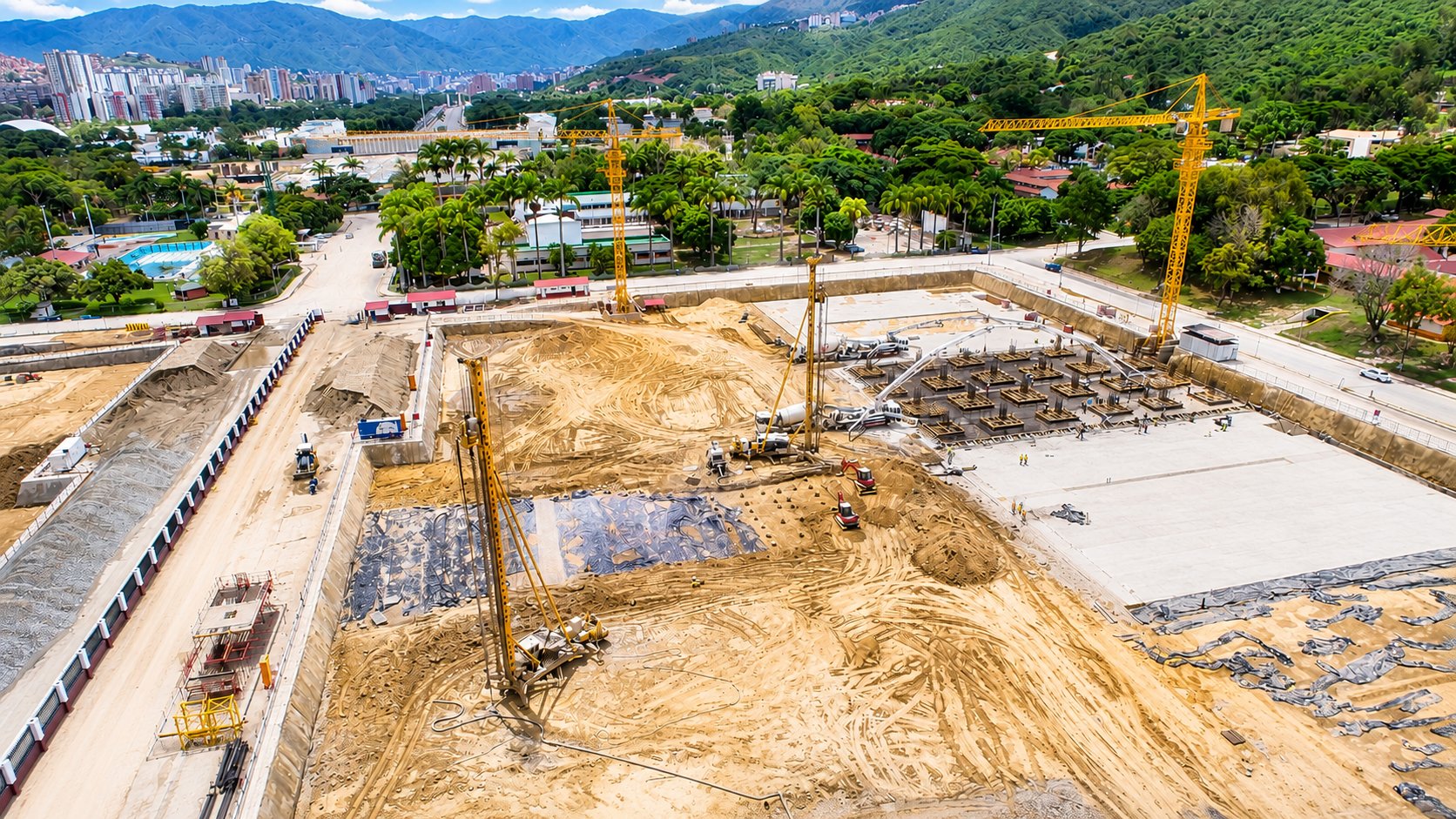 Aerial view of pile foundations under construction