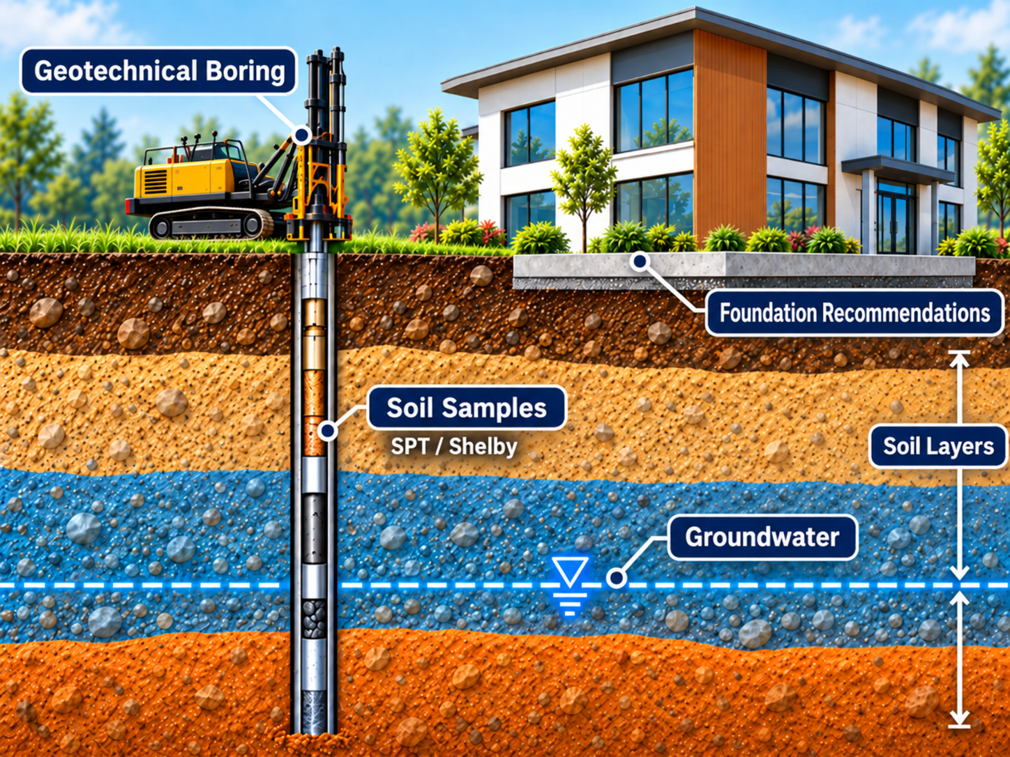 Cross-section of a site investigation below a proposed structure