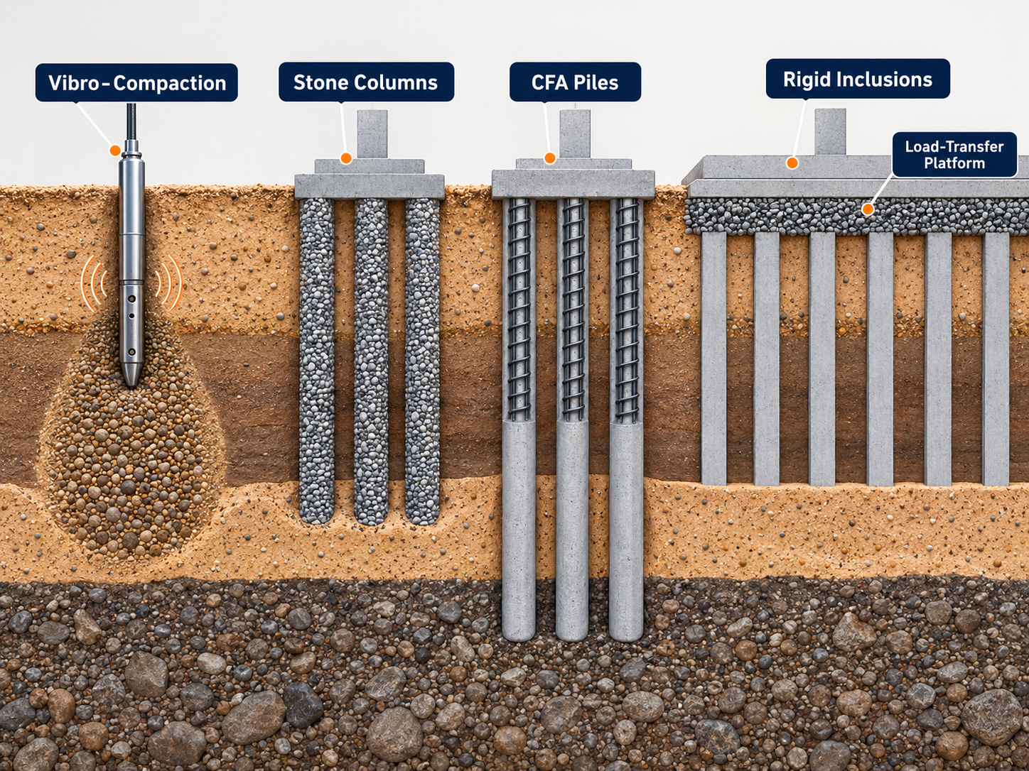 Ground improvement and foundation solutions showing vibro-compaction, stone columns, CFA piles and rigid inclusions