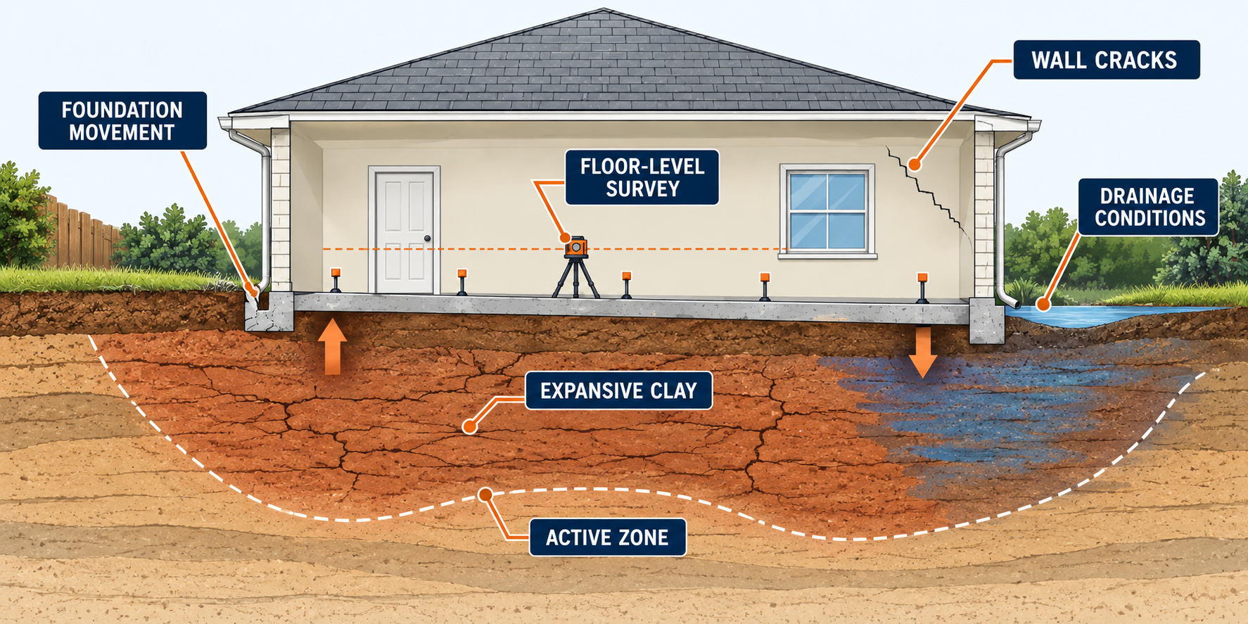 Residential foundation evaluation showing movement, floor-level survey, wall cracks, drainage, expansive clay and active zone