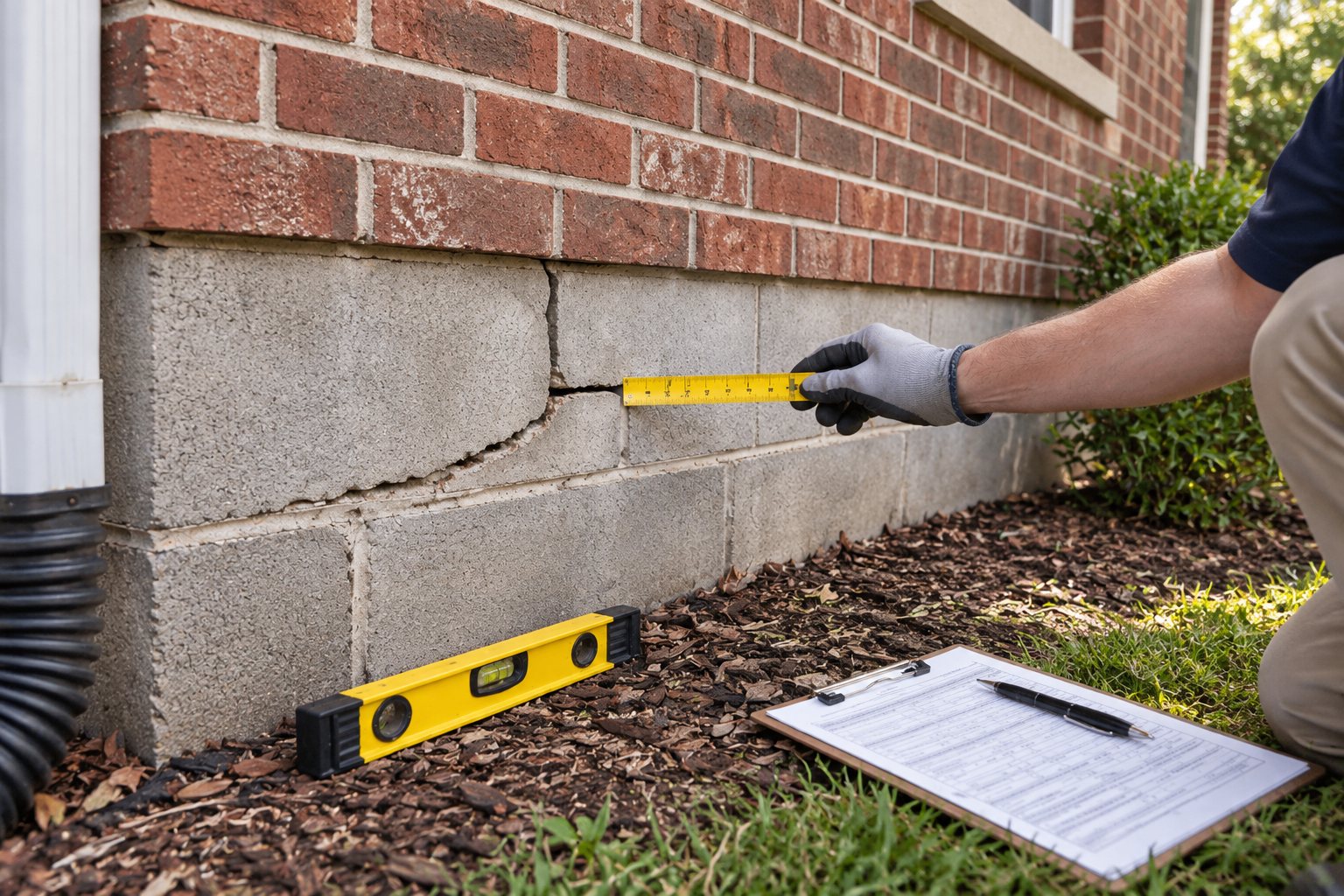 Inspector measuring a crack in a residential block foundation
