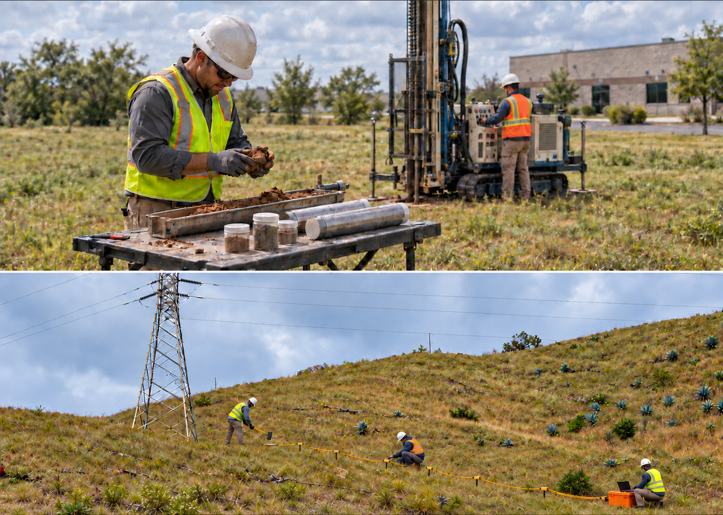 Drilling rig and boxed core samples at a geotechnical site investigation